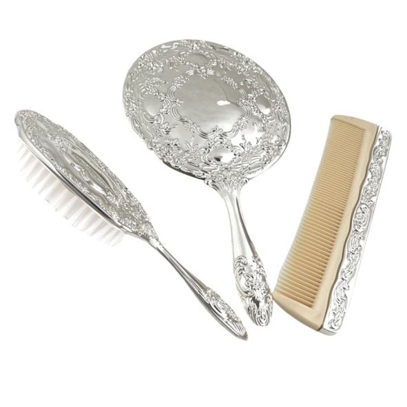 SILVER PLATED BRUSH, COMB & MIRROR SET